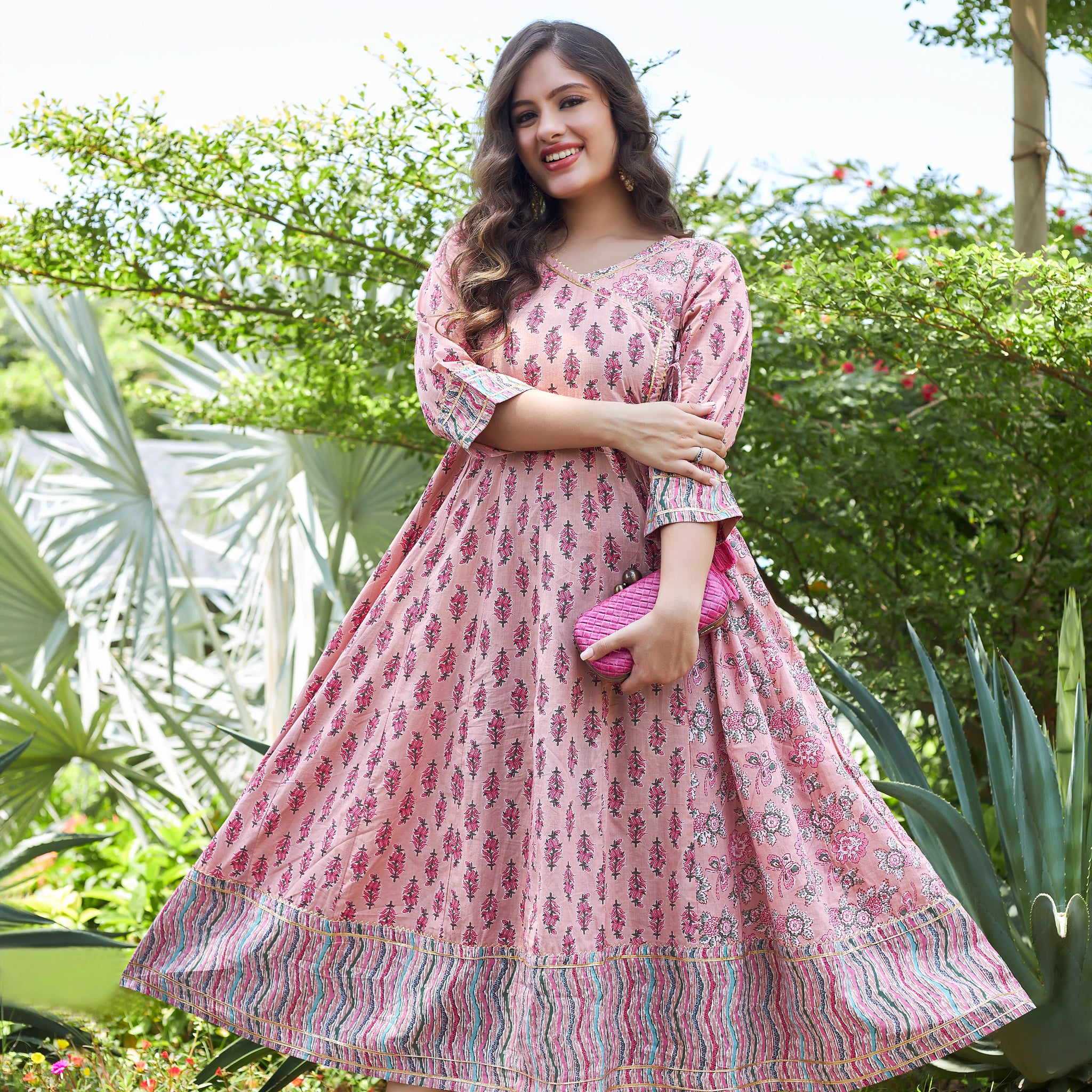 COTTON ANARKALI KURTA IN SHADE OF PINK