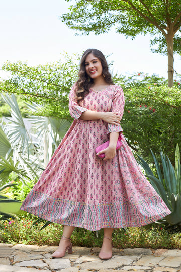 COTTON ANARKALI KURTA IN SHADE OF PINK