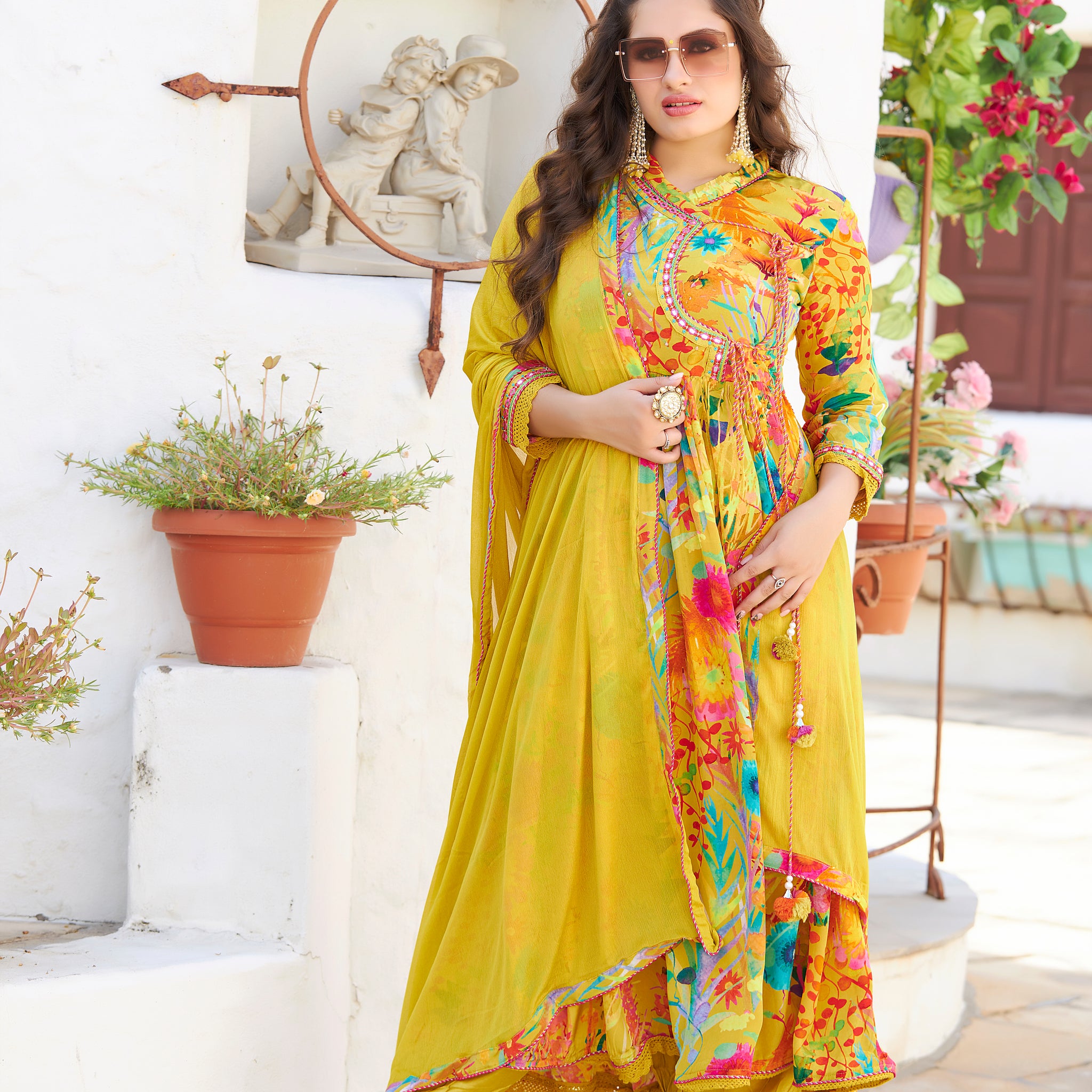 CHANDERI SILK HAND CRAFTED DABKA EMBROIDERY SUIT SET IN YELLOW SHEEN