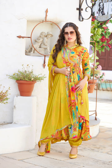 CHANDERI SILK HAND CRAFTED DABKA EMBROIDERY SUIT SET IN YELLOW SHEEN