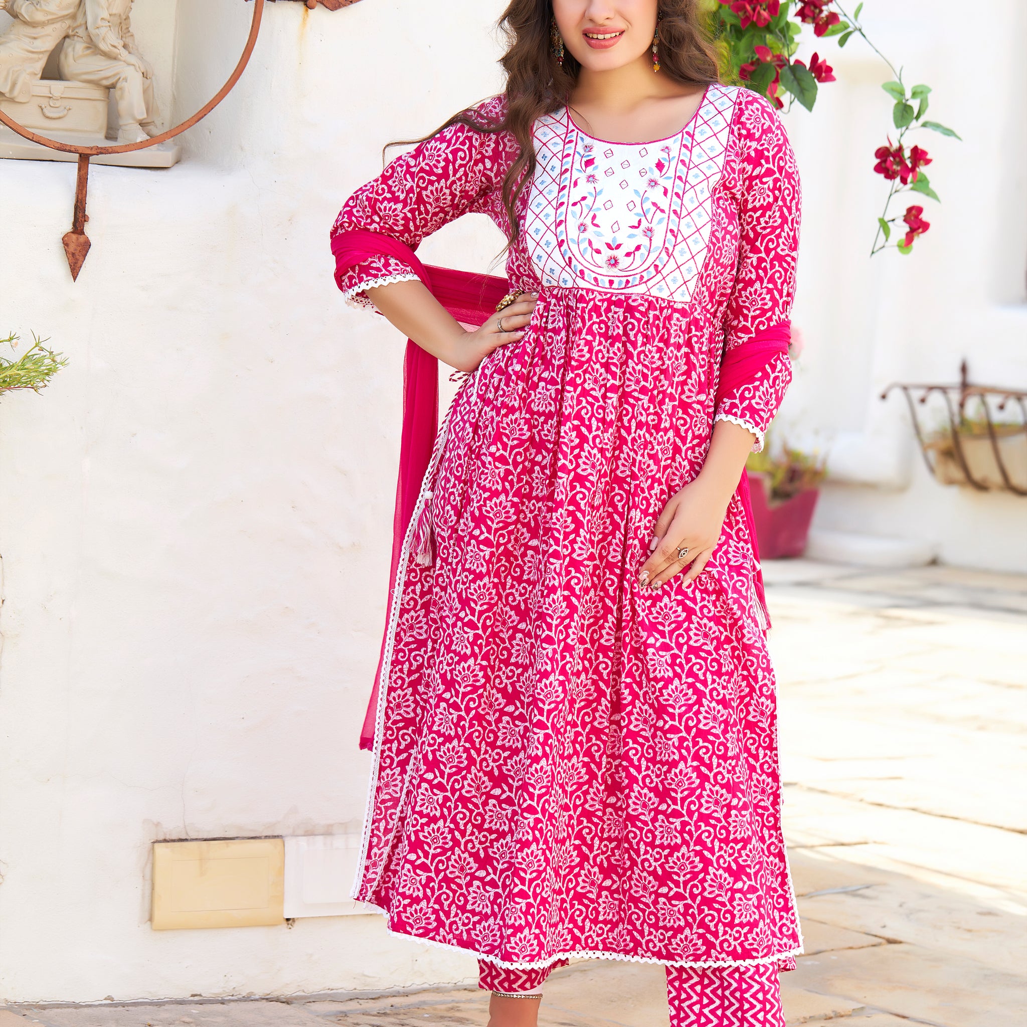 COTTON GOTA PATTI BUTI SUIT SET IN HOT PINK