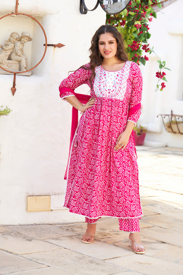 COTTON GOTA PATTI BUTI SUIT SET IN HOT PINK