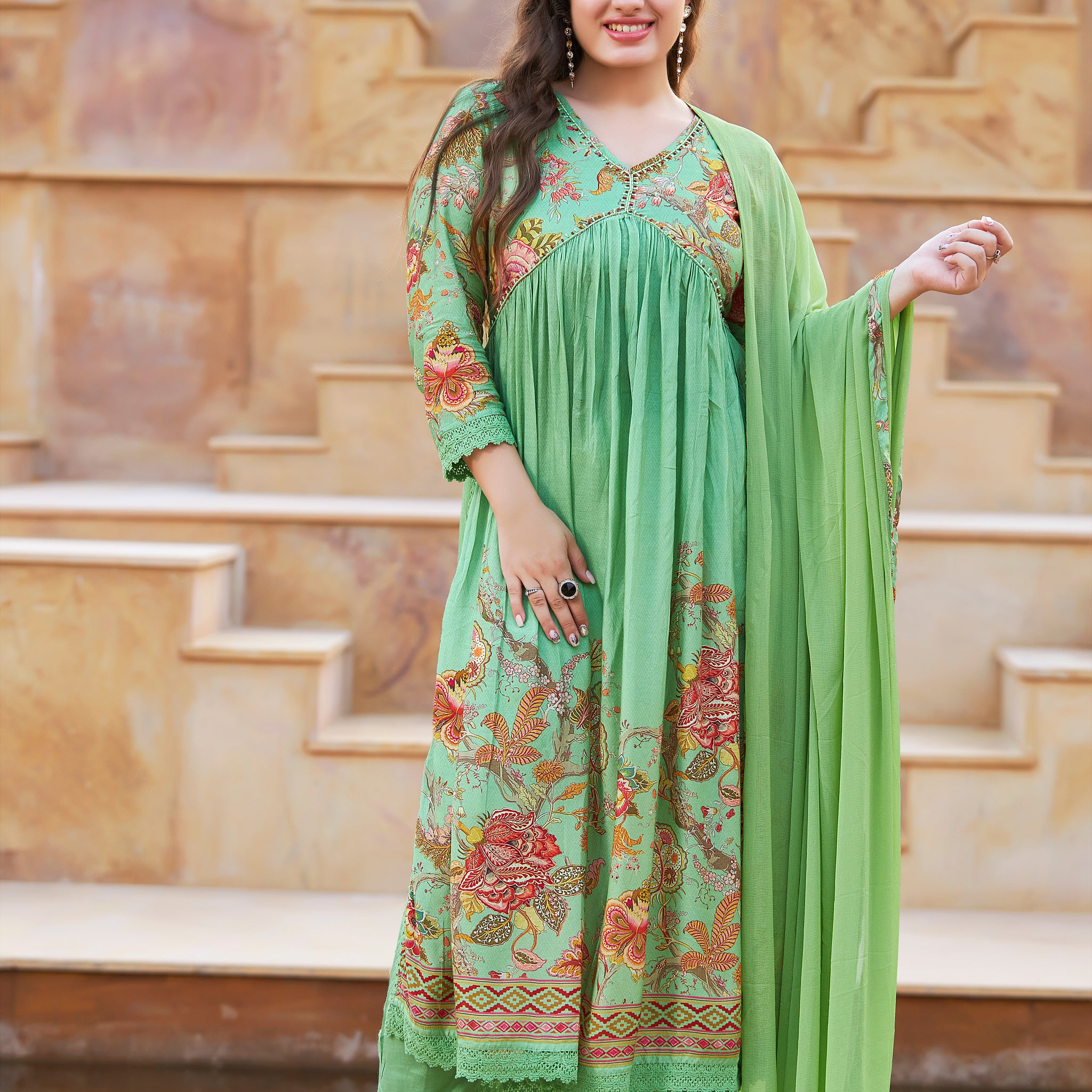 CHANDERI SILK BLOCK PRINT MUGHAL JAAL KURTA SET IN LILY GREEN