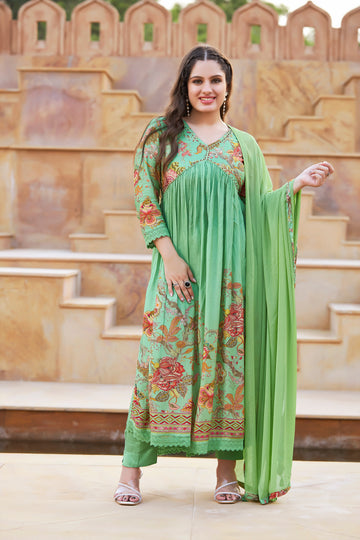 CHANDERI SILK BLOCK PRINT MUGHAL JAAL KURTA SET IN LILY GREEN