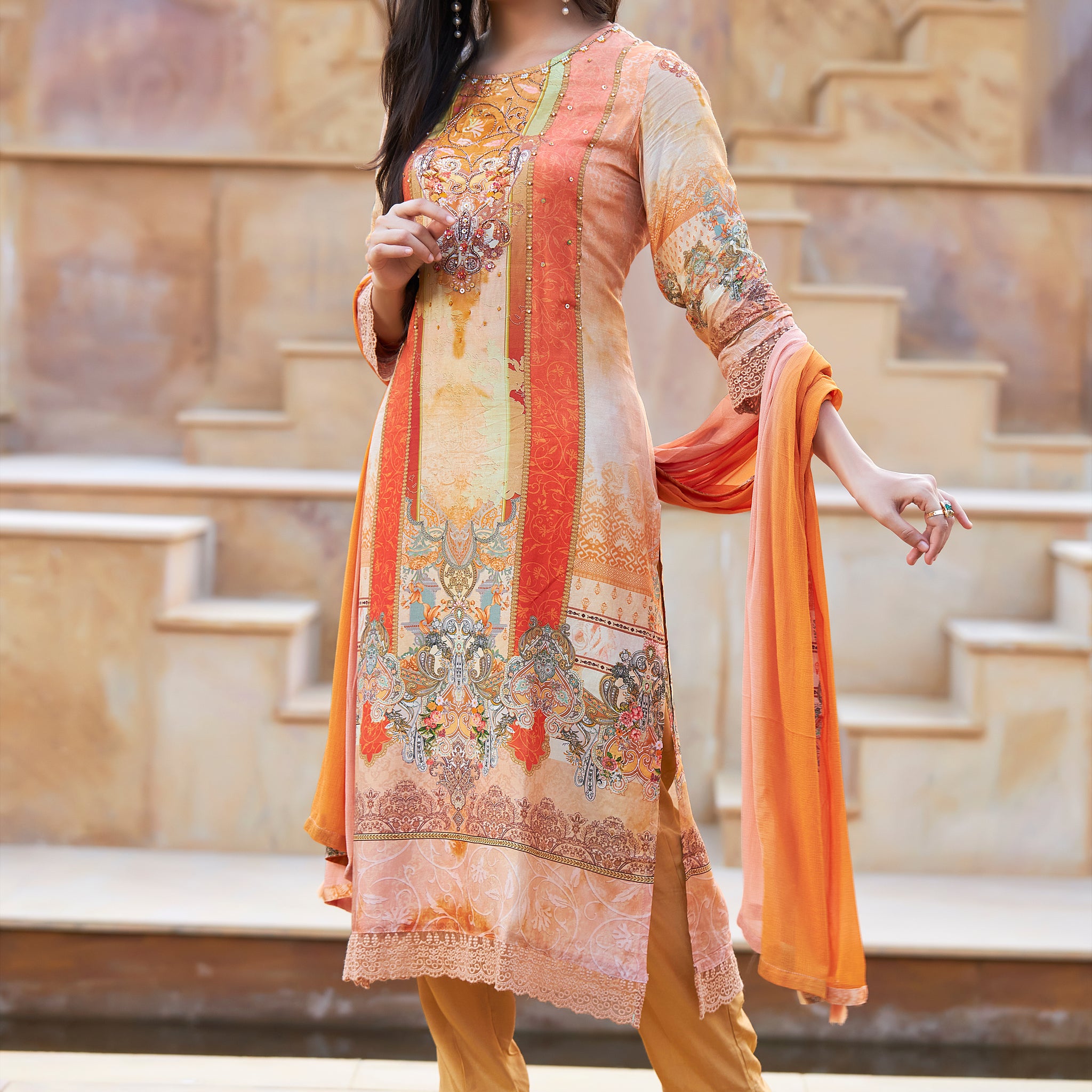 CHANDERI KOTA CHECKS SUIT SET WITH HAND EMBROIDERY IN GOJI BERRY ORANGE