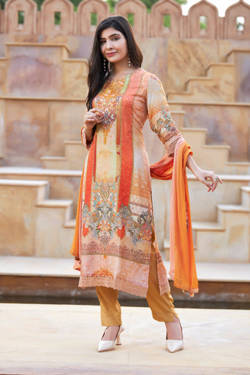 CHANDERI KOTA CHECKS SUIT SET WITH HAND EMBROIDERY IN GOJI BERRY ORANGE