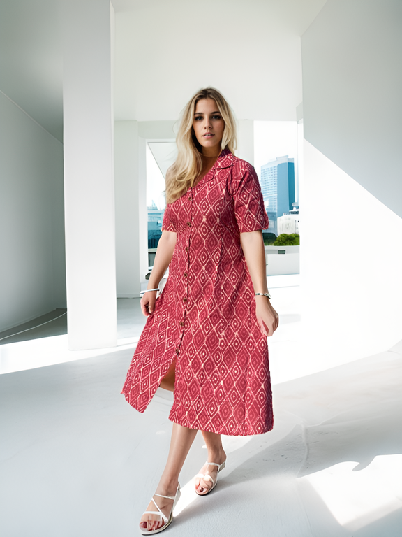 Crowned Coral : Handcrafted Blockprint Cotton Midi Dress.