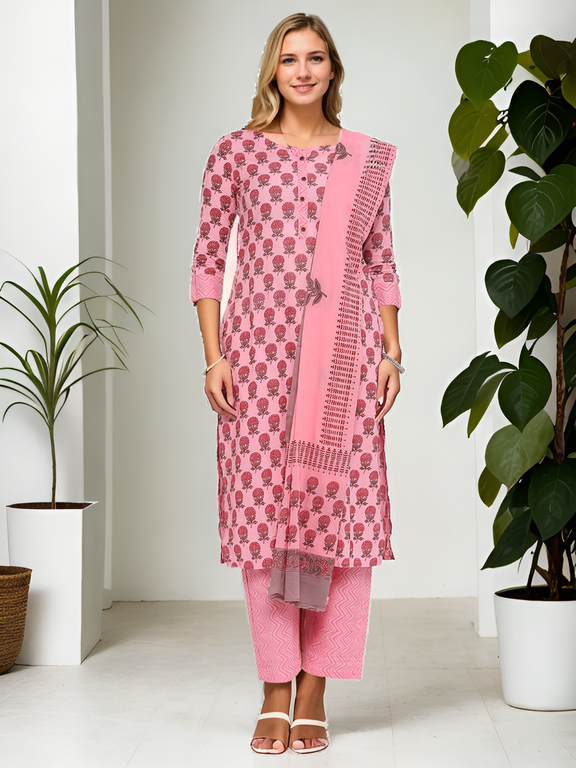 Pink block printed top,bottom,dupatta