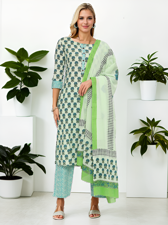 Green block printed top,bottom,dupatta