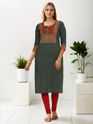 Hand Block printed Pure Cotton tabla kurti Olive