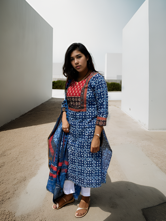 Block Printed Kurta Set In Cerulean Wave