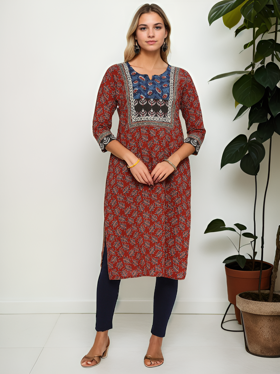 Hand Block printed Pure Cotton tabla kurti Rustic Red