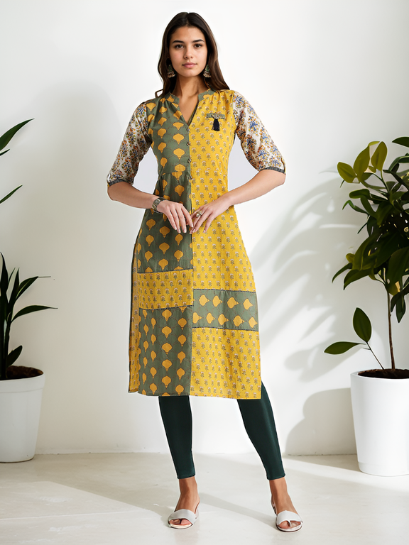 Yellow and green straight kurti