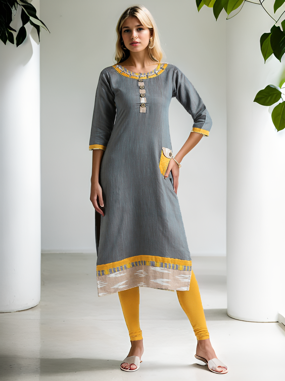 Grey & yellow straight kurti