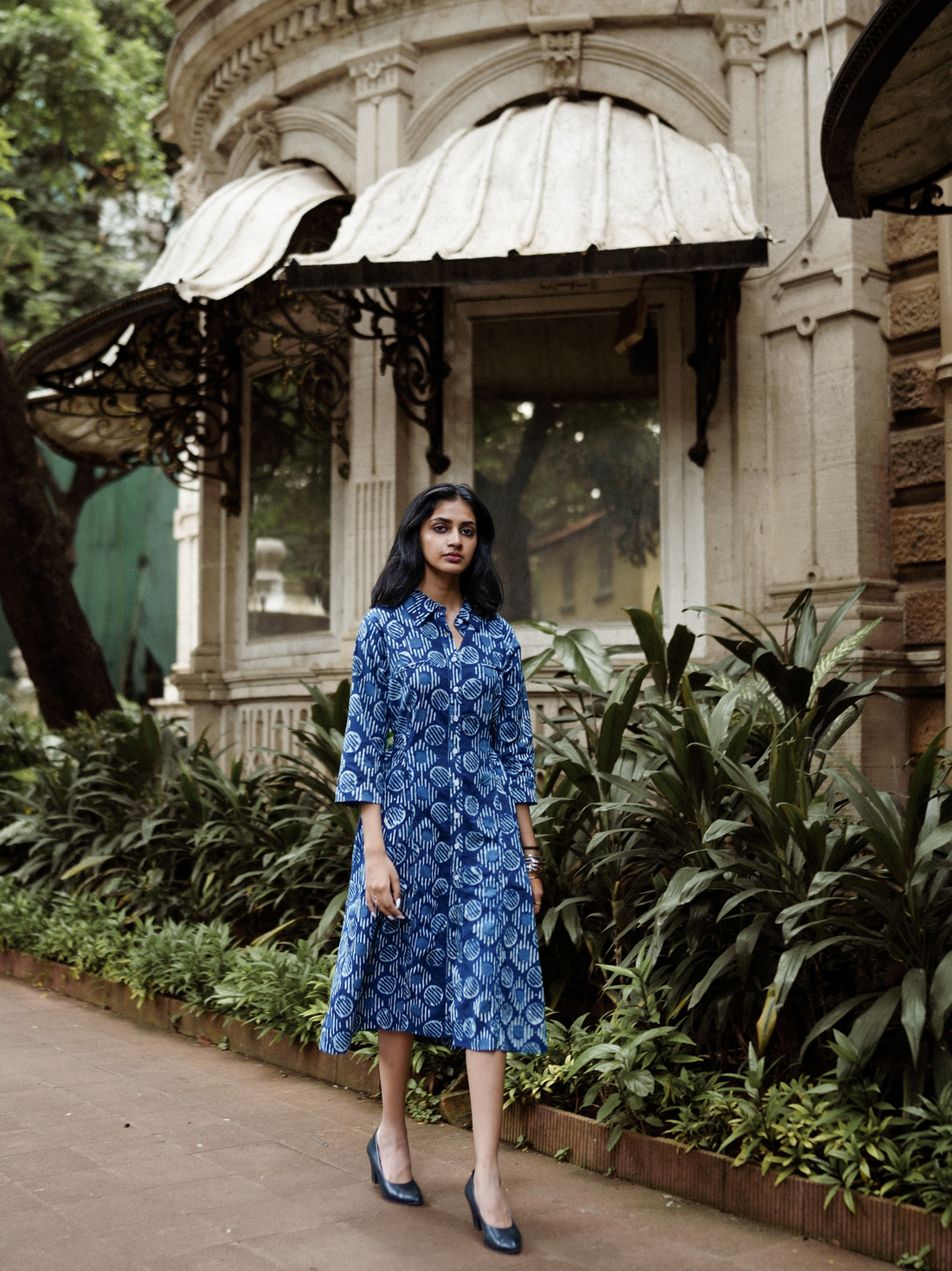 Cinch block-printed dress blue