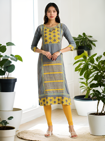 Yellow and grey straight kurti