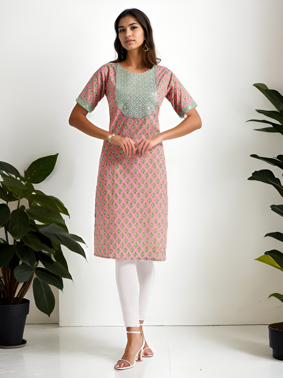 Pink and green embroidery kurti