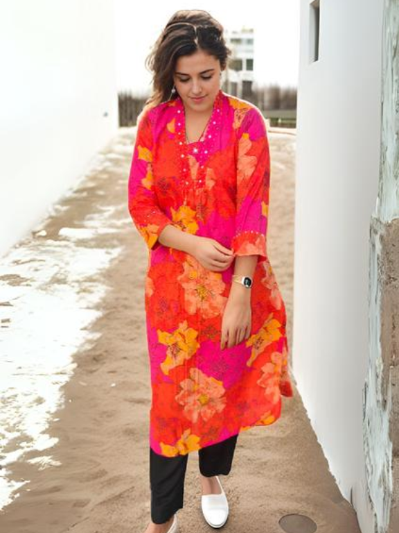 Floral Print V-Neck Kurti