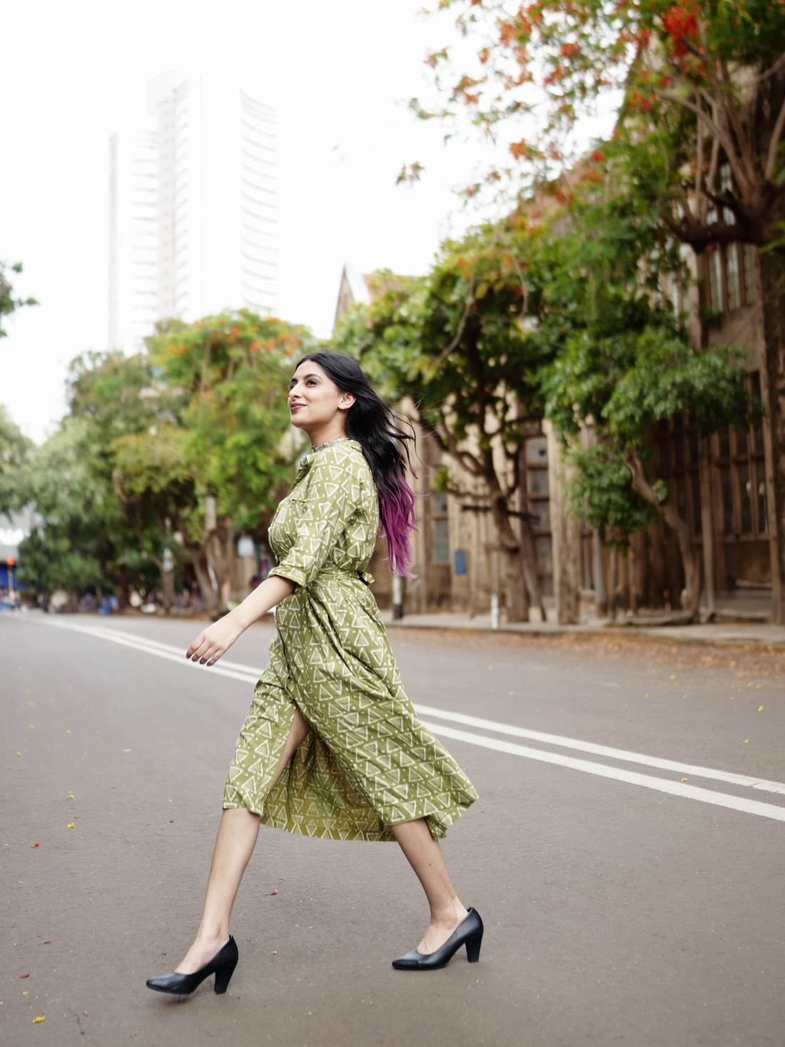 Cinch block-printed dress forest green