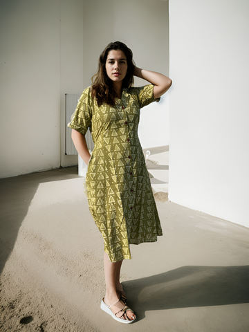 Green Enchantress: Handcrafted Blockprint Cotton Midi Dress