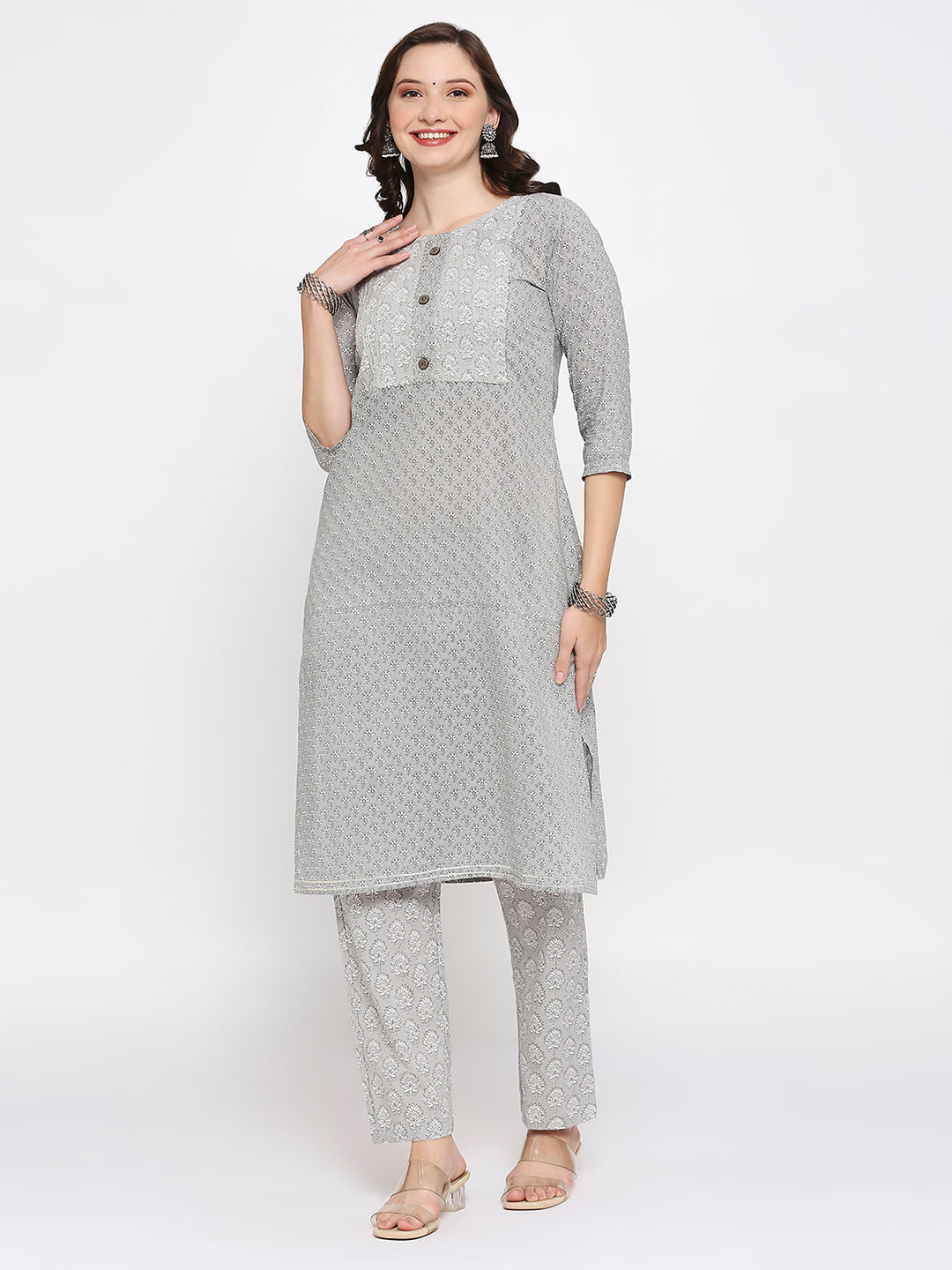 Grey block printed kurti pant set