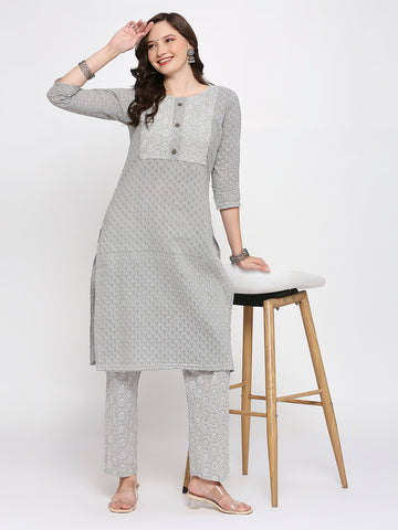 Grey block printed kurti pant set