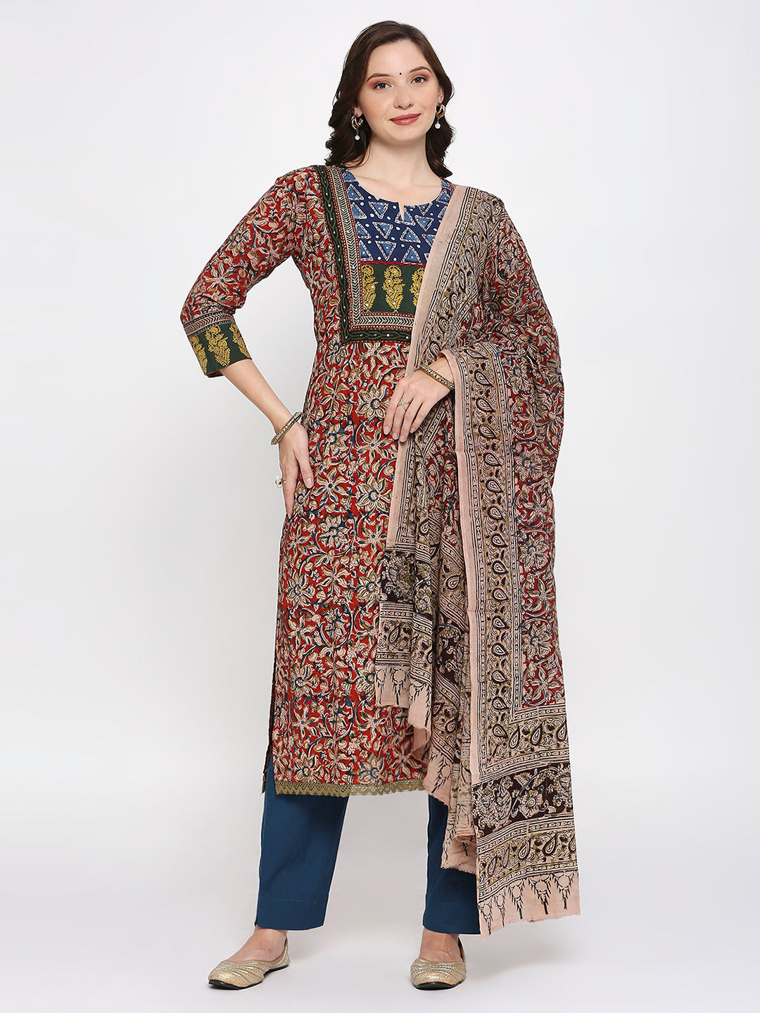 kalamkari block printed top bottom dupatta