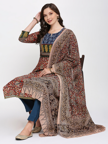 kalamkari block printed top bottom dupatta