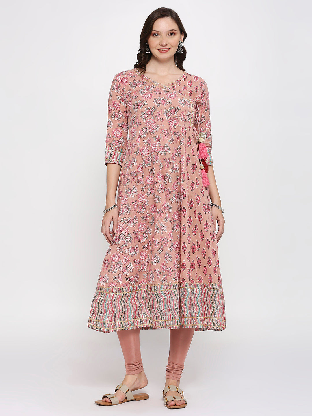 Pink block printed anarkali kurti