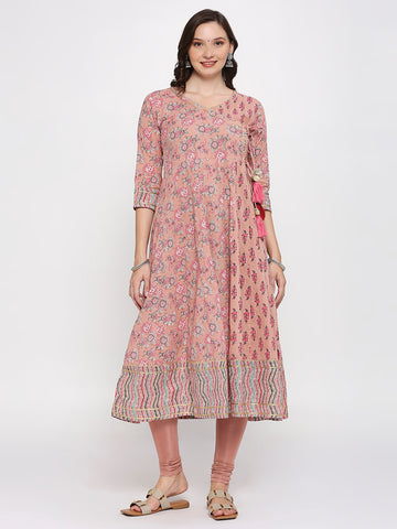 Pink block printed anarkali kurti