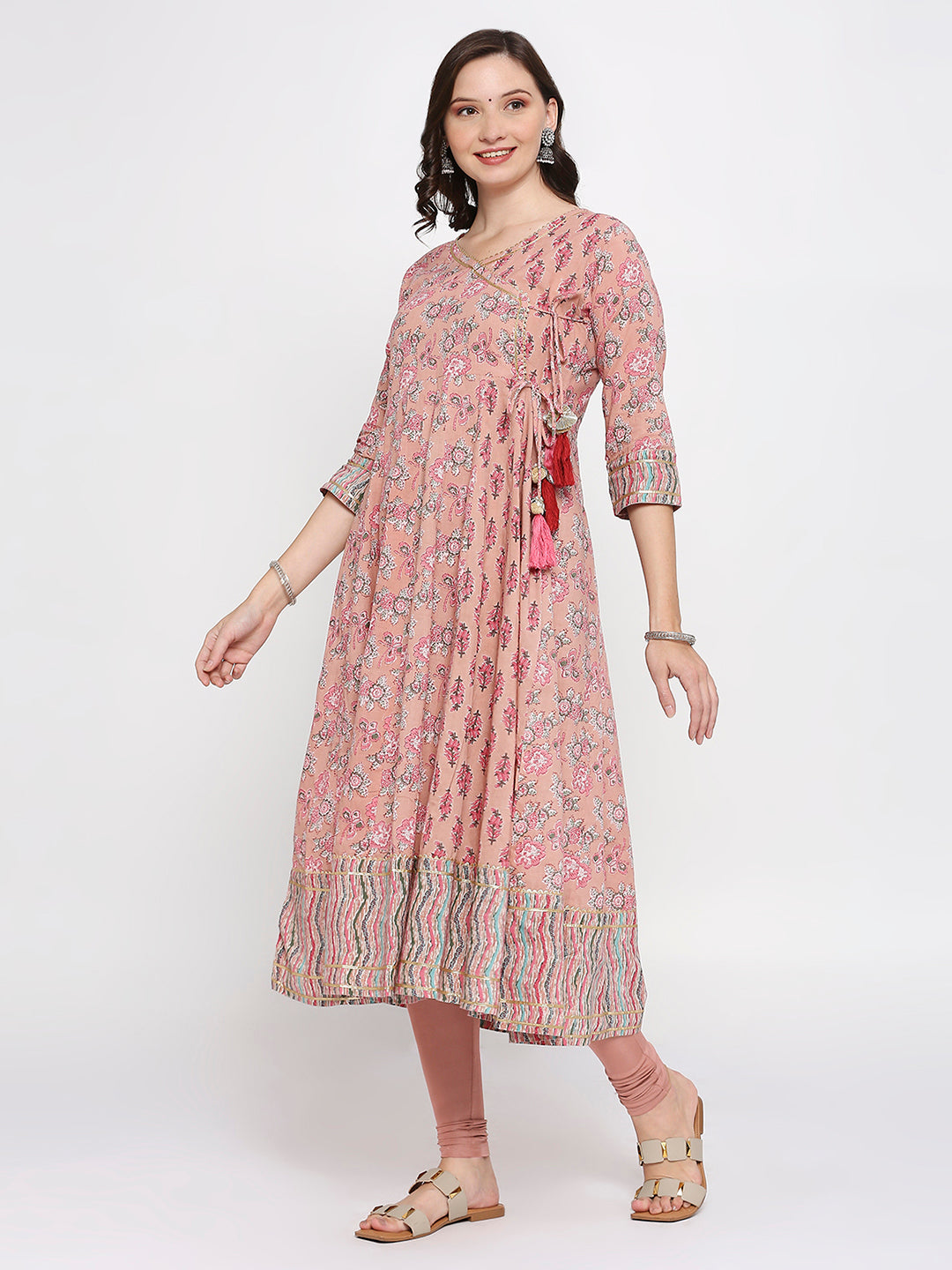 Pink block printed anarkali kurti