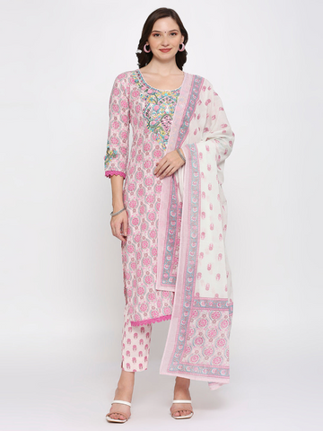 COTTON SCHIFFLI EMBROIDERY KURTA SET IN BABY PINK (SET OF 3)