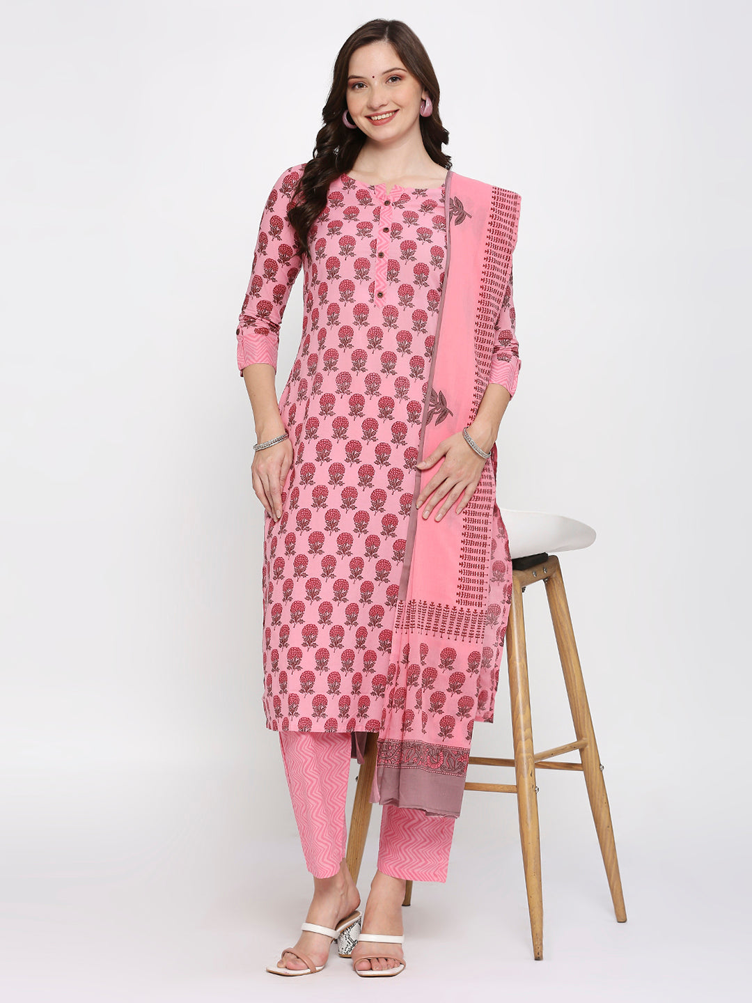 Pink block printed top,bottom,dupatta