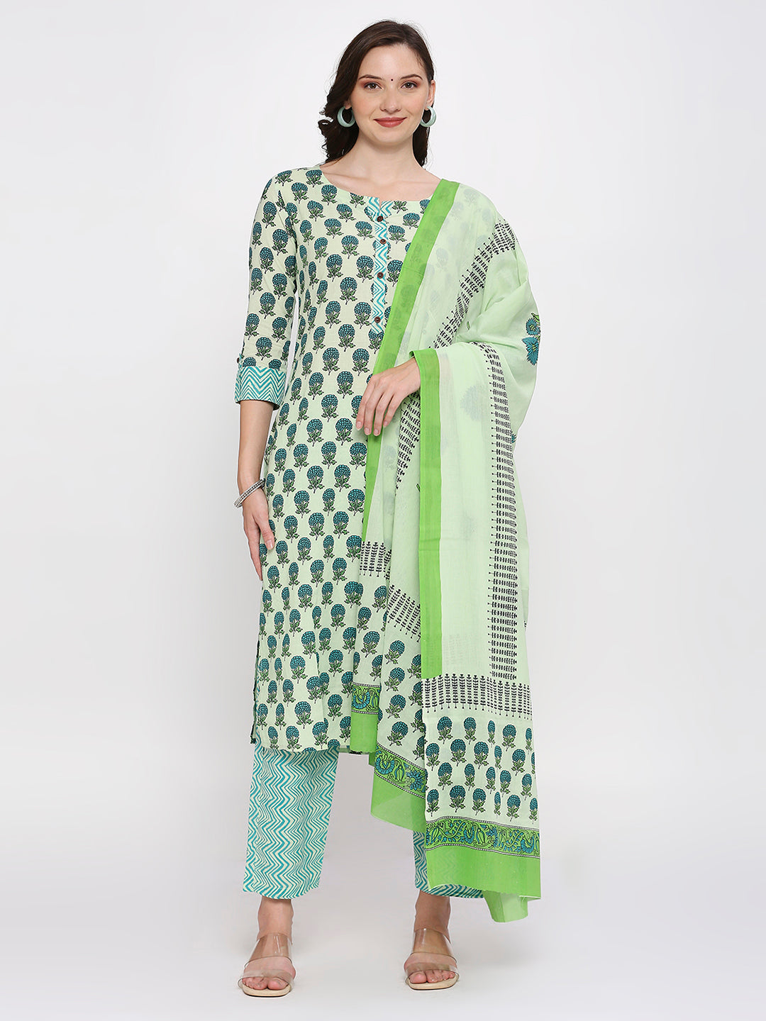 Green block printed top,bottom,dupatta