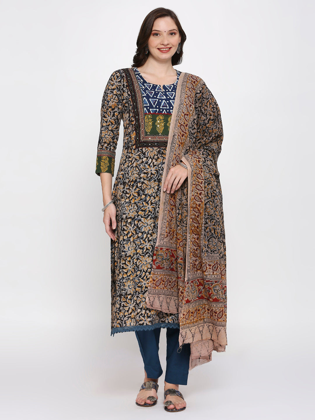 kalamkari block printed top bottom dupatta