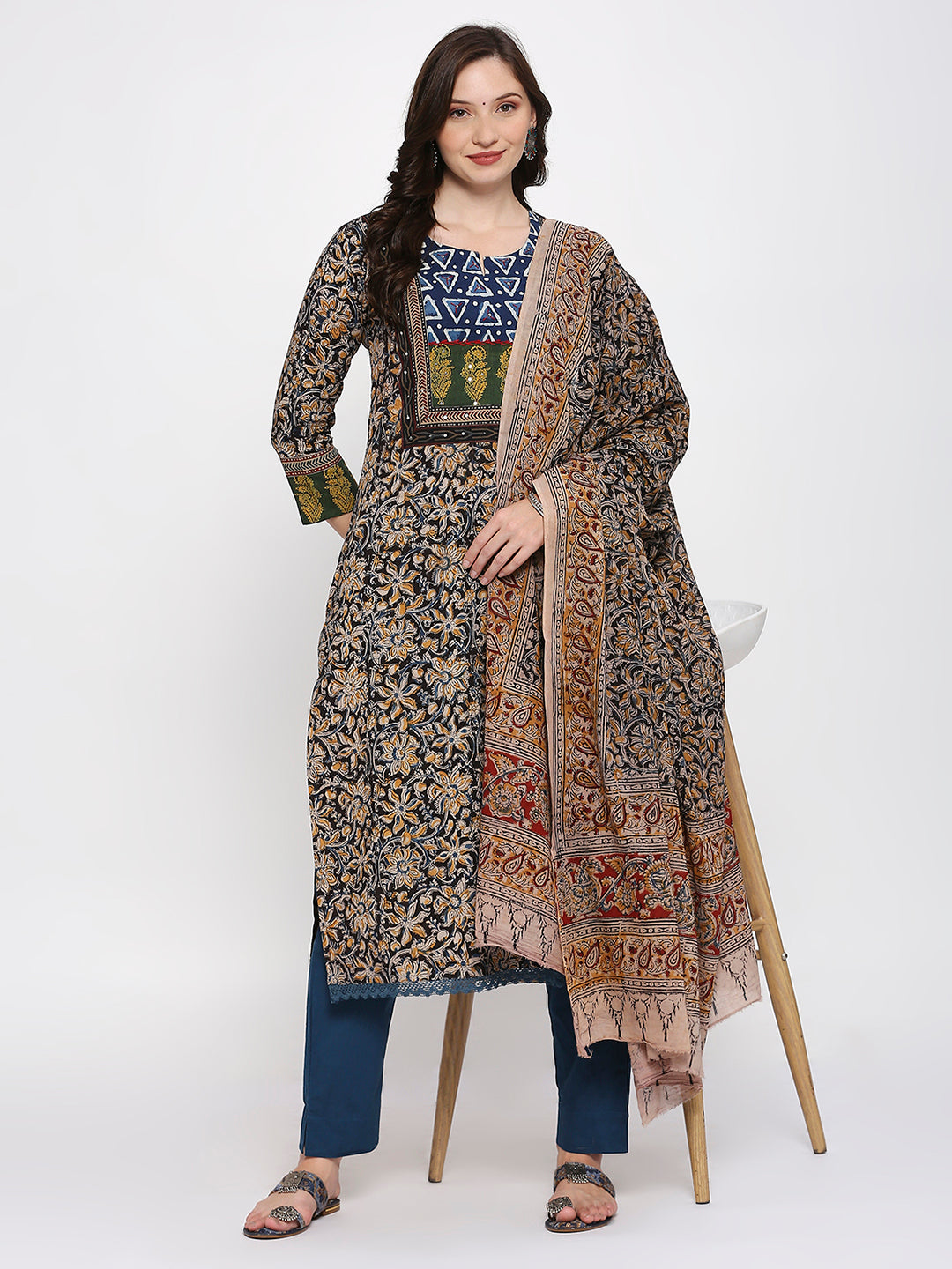 kalamkari block printed top bottom dupatta