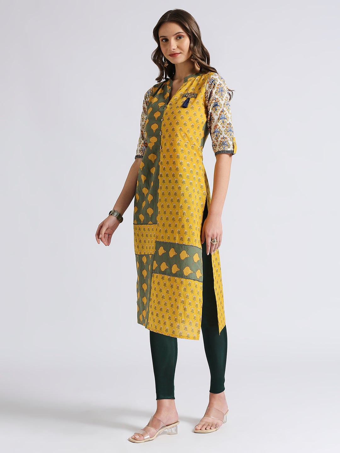 Yellow and green straight kurti