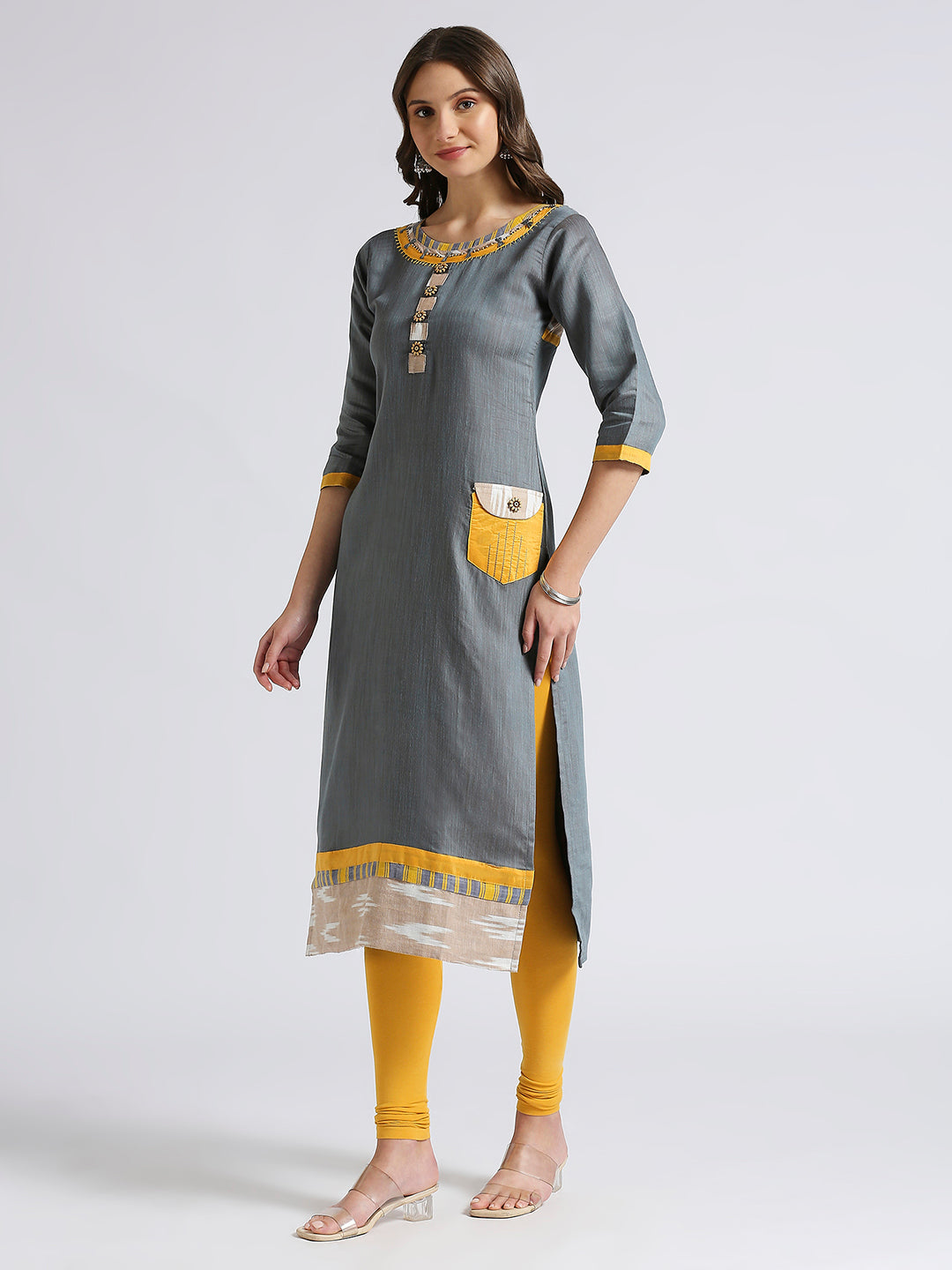 Grey & yellow straight kurti