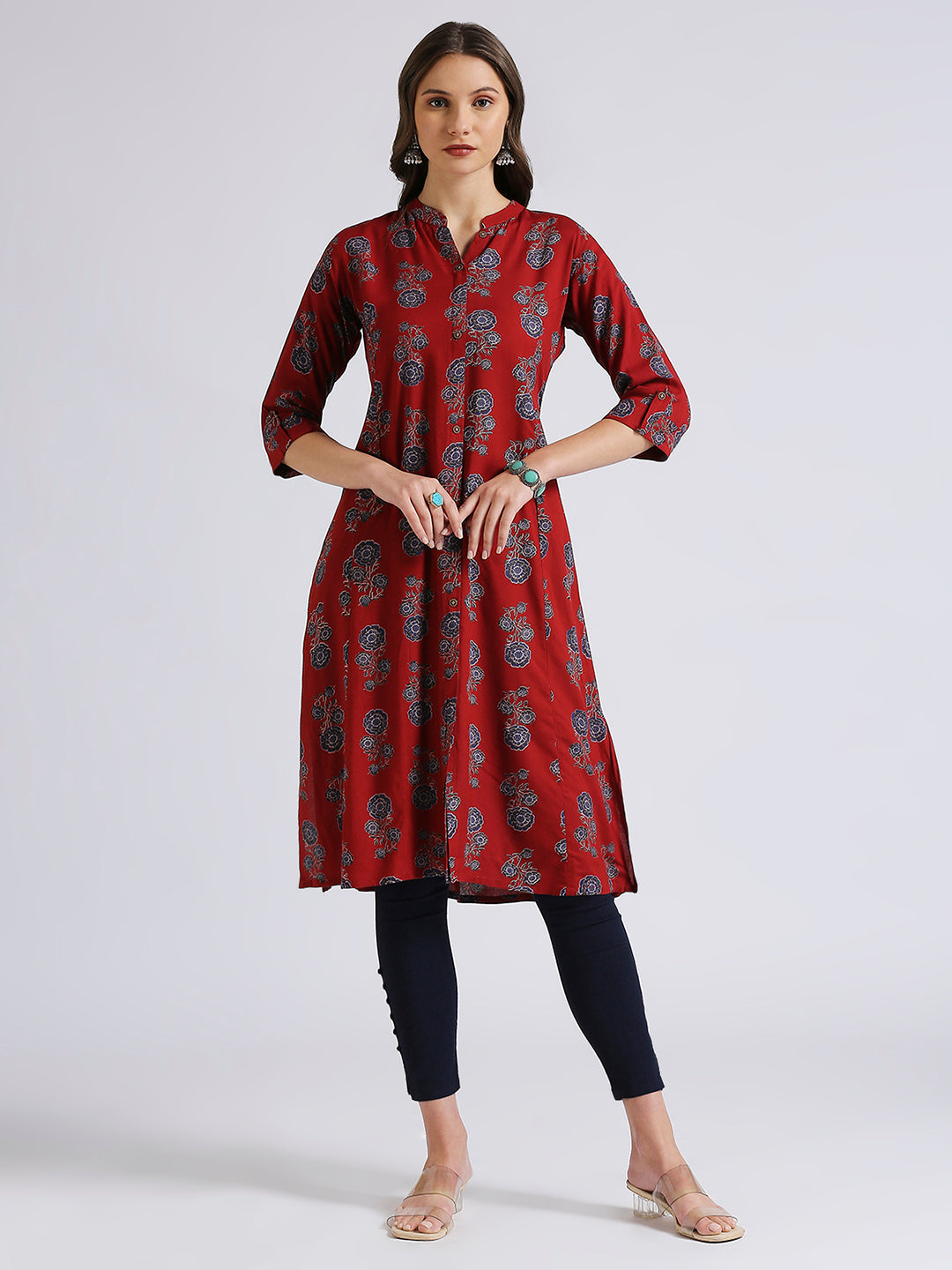 Maroon a line kurti floral