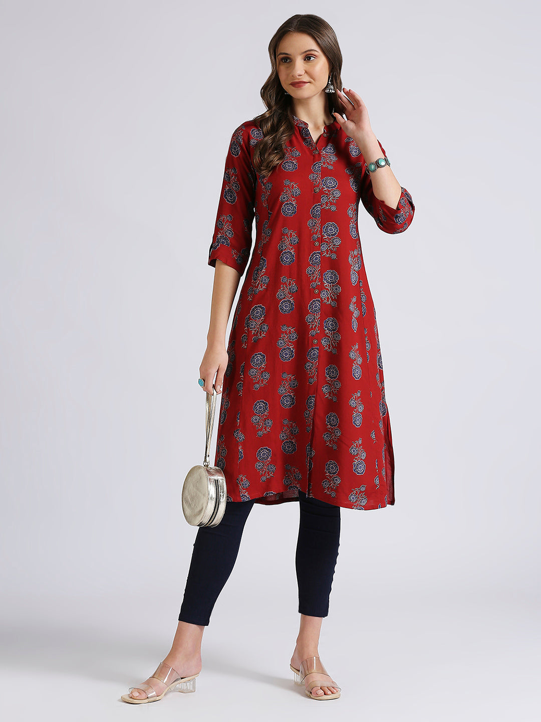 Maroon a line kurti floral