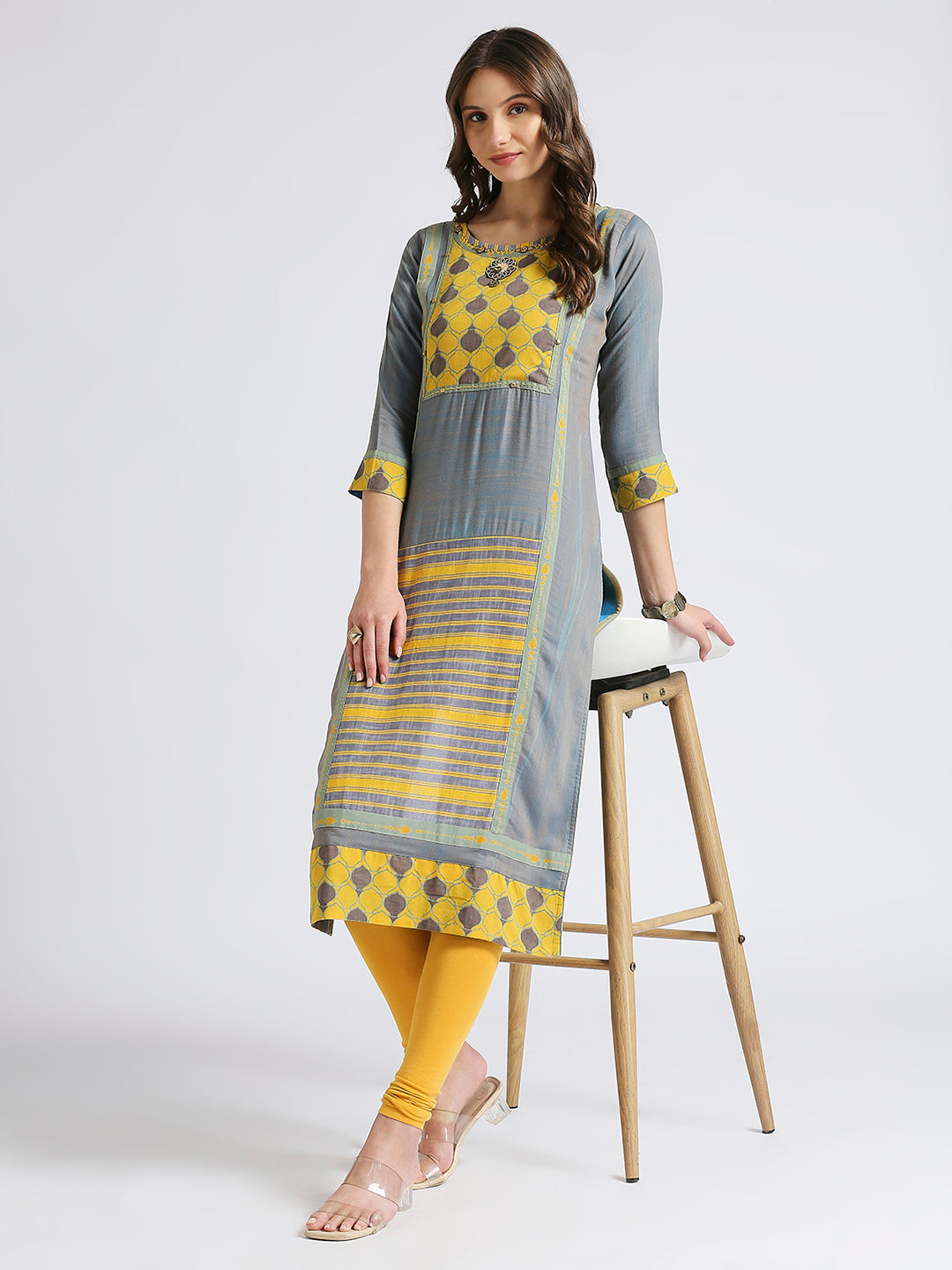 Yellow and grey straight kurti