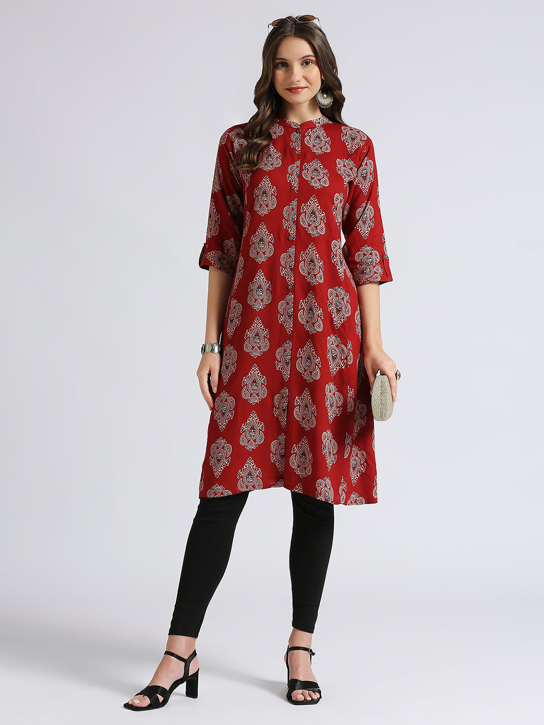 Maroon a line kurti abstract print