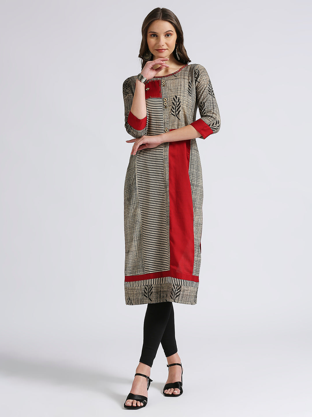 Red and beige straight kurti