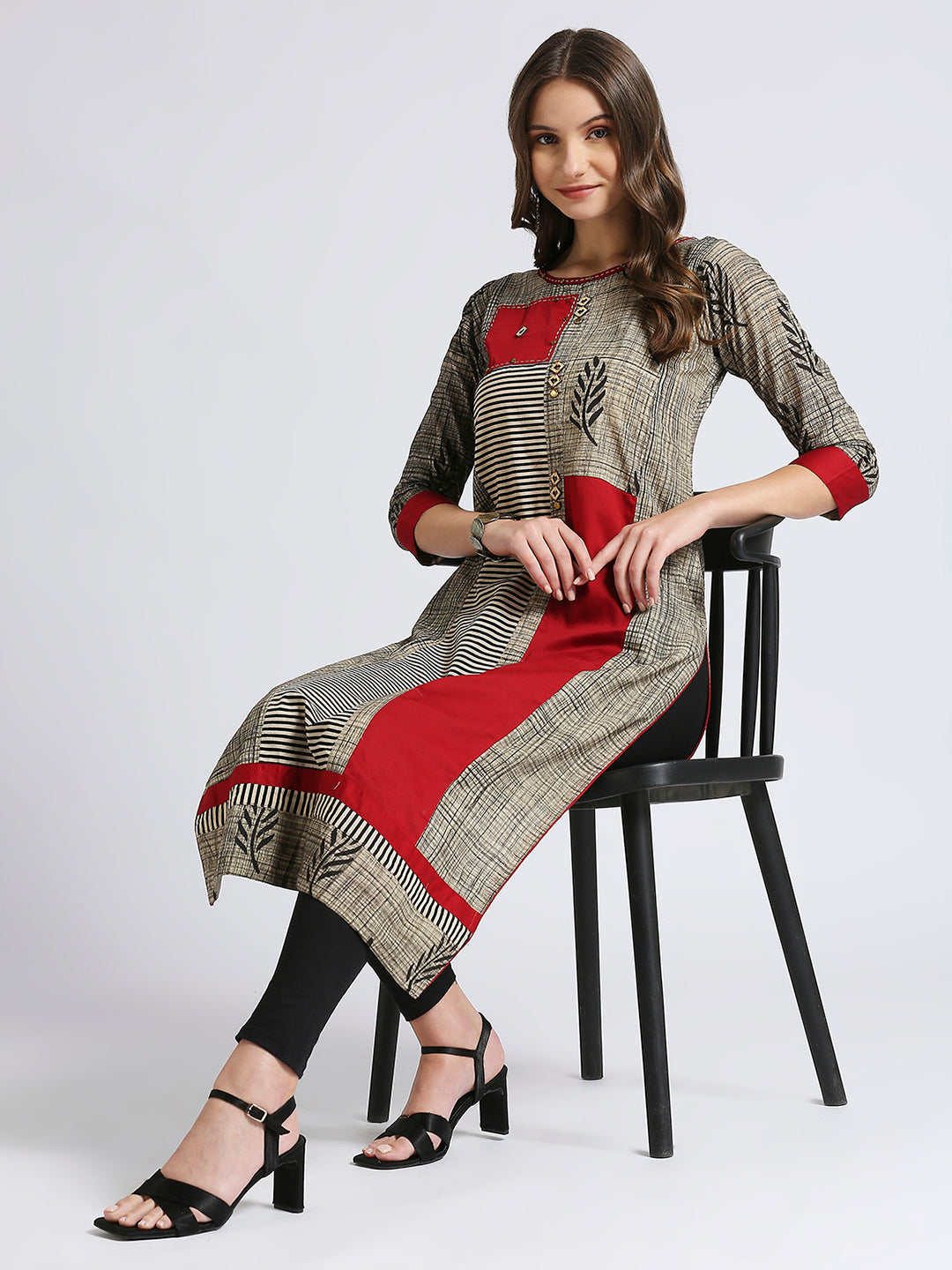 Red and beige straight kurti