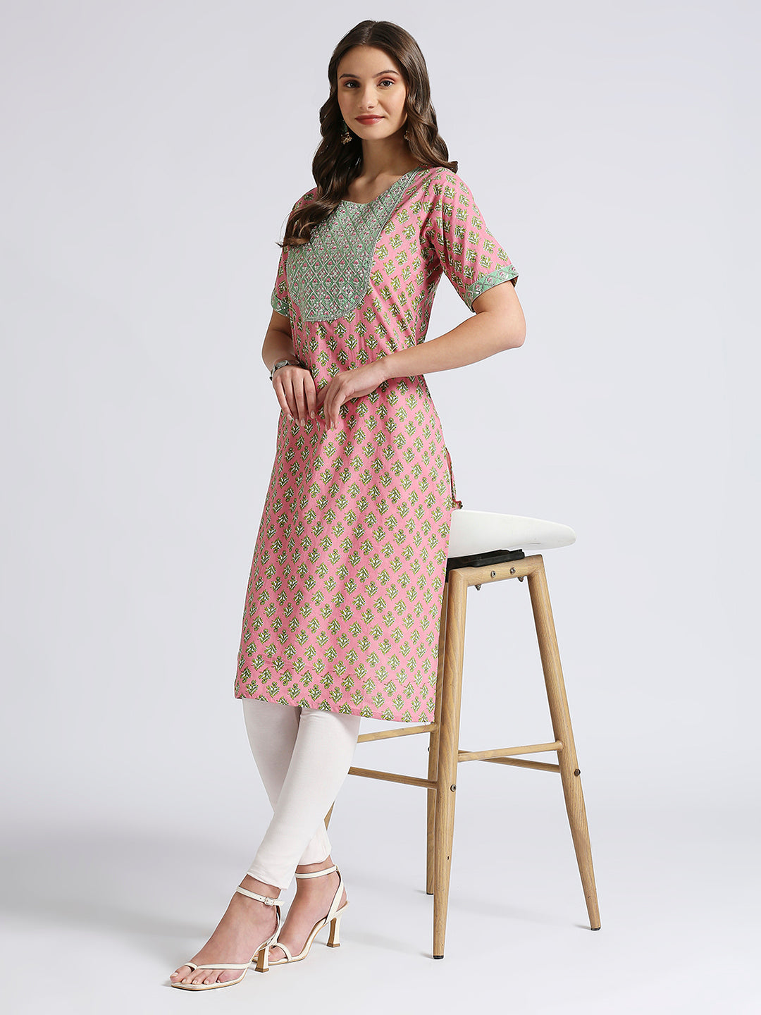 Pink and green embroidery kurti