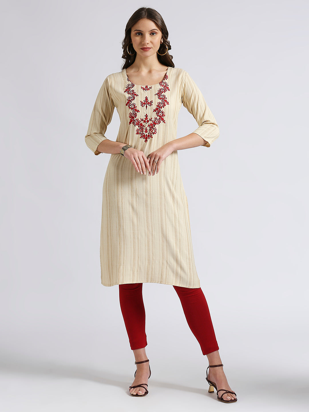 cream embroidery straight kurti