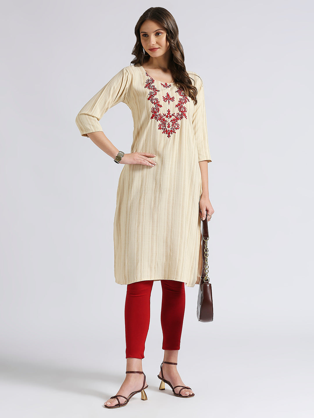 cream embroidery straight kurti