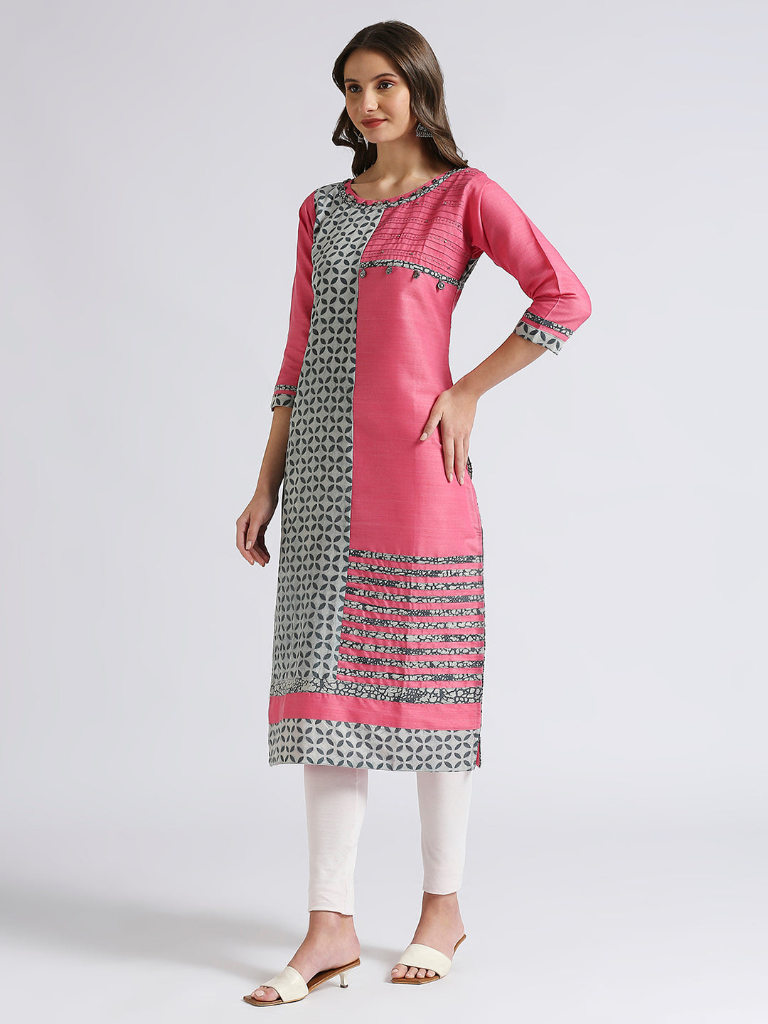 Pink and grey straight kurti