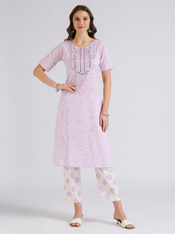 Purple  hand-blockprinted embroidery top bottom