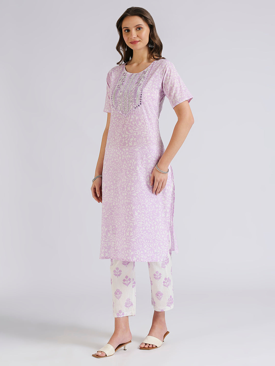 Purple  hand-blockprinted embroidery top bottom